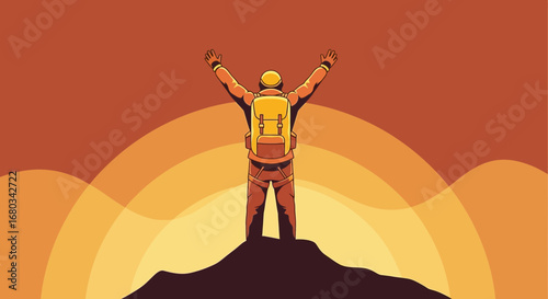 Achieving The Summit: A Vector Illustration Of A Hiker Celebrating Success Upon The Peak