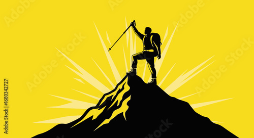 Achieving Success: A Silhouette Hiker Standing Atop a Mountain with a Pole
