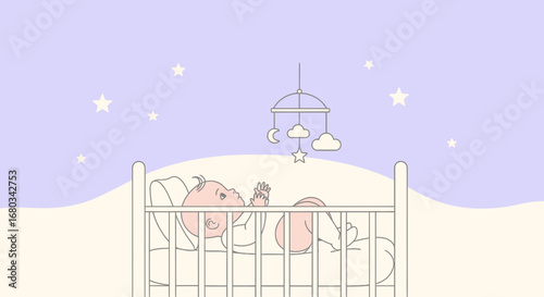 Adorable Infant Resting Peacefully in a Crib Under a Nighttime Sky Illustration