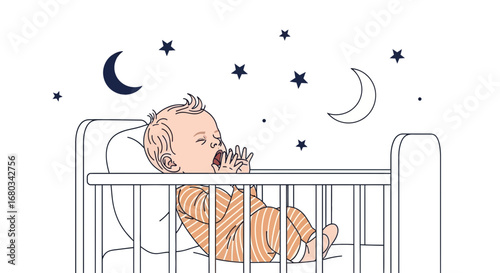 Adorable Infant Responds To Nighttime Scene With Yawns In Crib Decorated With Celestial Elements