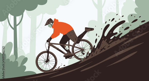 Action Sports Illustration Depicting a Mountain Biker Conquering a Muddy Slope with Energy