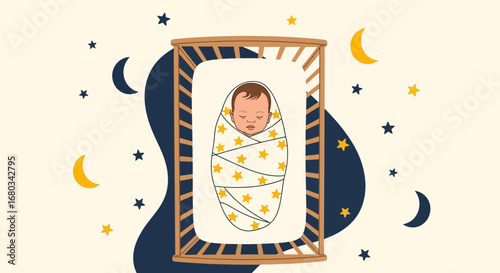 Adorable Infant Sleeping Peacefully at Night in Crib Surrounded By Stars and Celestial Elements