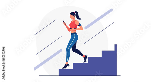 Active Runner Descending Staircase While Checking Smart Phone and Fitness Tracker Illustration