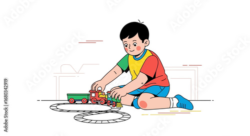Adorable Kid Playing With Toy Train On The Floor, Childhood And Joyful Moment