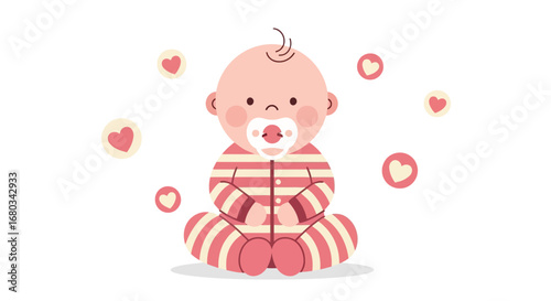 Adorable Infant Wearing Striped Pajamas and Pacifier with Hearts Icons Isolated