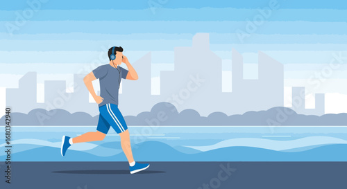 Active Runner Listening To Music Jogging Through City Vector Illustration Design