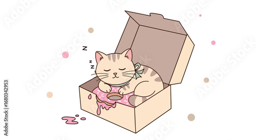 Adorable Kitten Dreaming In A Donut Box, Sweet Delight And Cute Illustration