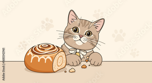 Adorable Kitten Observing Delicious Cinnamon Roll Cartoon Styled Illustration Design