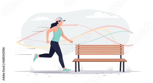 Active Woman Jogging Past Park Bench Illustrating Movement And Healthy Lifestyle