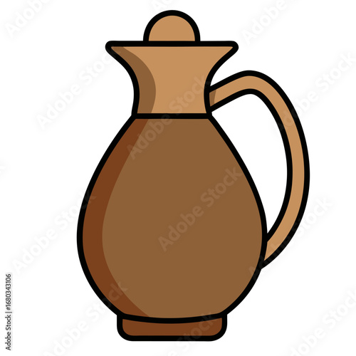 Brown ceramic pitcher with cork stopper, dark outlines, and simple shading vector on white background.