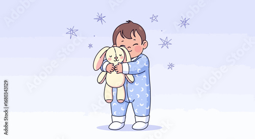Adorable Animated Baby Cuddling A Stuffed Bunny Before Going To Sleep
