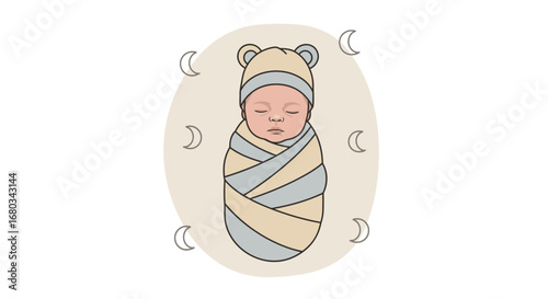 Adorable New Baby Swaddled in a Cozy Blanket Surrounded by Gentle Moon Phases Illustration