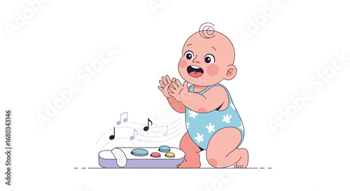 Adorable Animated Infant Enjoying Musical Instruments and Sound Effects in Playtime