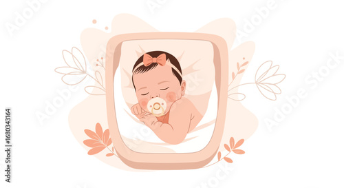 Adorable Newborn Baby Girl Asleep in Bassinet with Pacifier and Floral Details