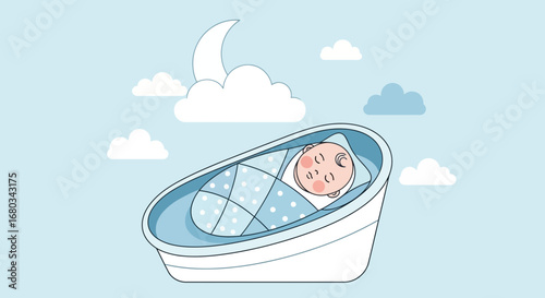 Adorable Newborn Baby Asleep Peacefully in a Charming Bassinet Under a Gentle Moon