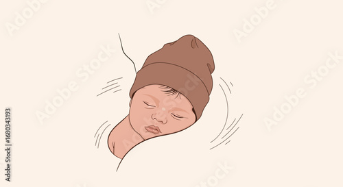 Adorable Newborn Baby Peacefully Sleeping Wearing a Soft Brown Hat and Resting