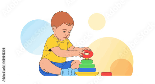 Adorable baby boy plays with a colorful stacking toy building shapes and promoting development