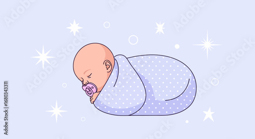 Adorable Newborn Baby Sleeping Swaddled, Pacifier, And Sparkling Star Background