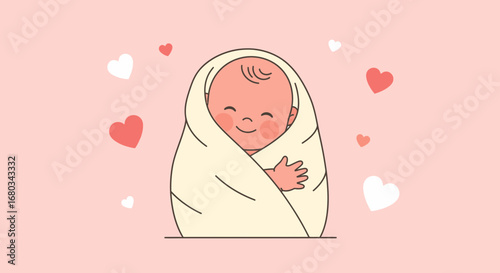 Adorable newborn baby swaddled in a blanket, surrounded by hearts on a pink background