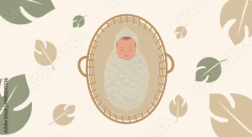 Adorable Newborn Baby Swaddled in a Basket with Leaves for a Sweet Illustration