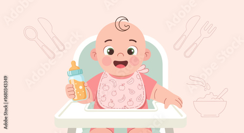 Adorable Baby Cartoon Enjoying Meal With Food, Bib, and Bottle, Happy In High Chair