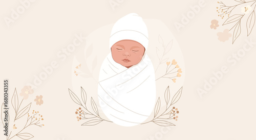 Adorable newborn baby swaddled in white with floral elements on a beige background