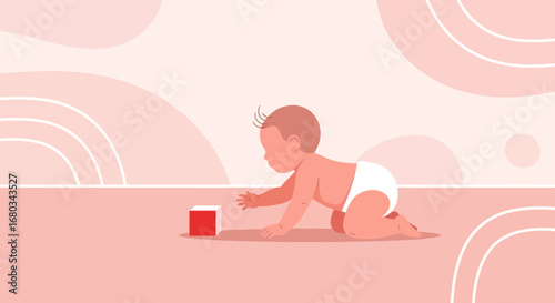 Adorable baby crawling toward a red block on a pink background