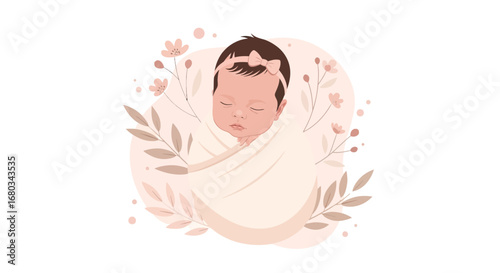 Adorable Newborn Swaddled in a Blanket with Delicate Floral Accents on White Background