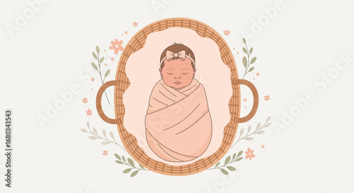 Adorable Newborn Swaddled in Basket Surrounded by Floral Decorations and Natural Elements