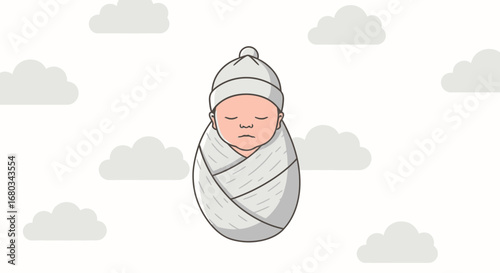 Adorable Newborn Swaddled in Blanket, Floating Among Fluffy Cloud Illustrations