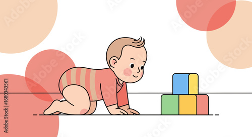 Adorable baby crawling towards building blocks in cute illustration style