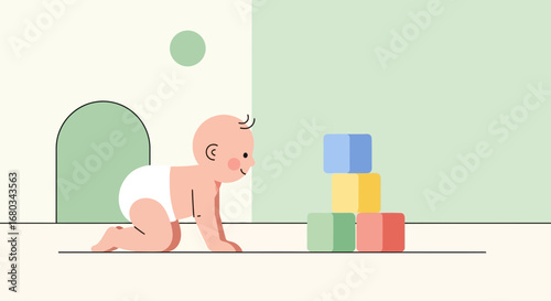 Adorable Baby Crawling Towards Colorful Blocks with Excited Curiosity and Joy