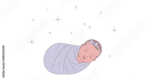 Adorable Newborn Swaddled Peacefully As Stars Glimmer Above, Vector Illustration