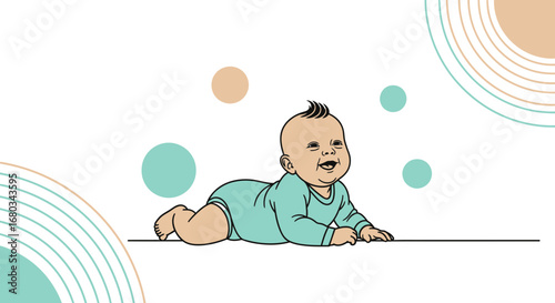 Adorable baby crawling on a surface with a cheerful expression and a minimalistic design
