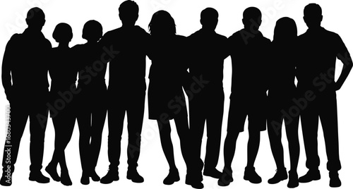 Group of diverse people silhouette, friends standing together, social community, teamwork unity, casual pose, side by side, friendship bond, support network