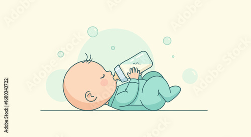Adorable Baby Drinking Milk from a Bottle, Minimalist Illustration Style