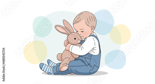 Adorable baby embraces a stuffed bunny, showing affection and cuddles playfully