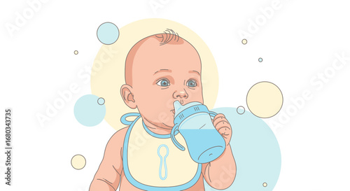 Adorable Baby Drinking Water from a Sippy Cup with Cute Bubbles and Design