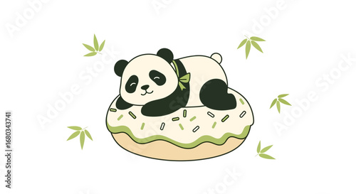 Adorable Panda Resting on a Sweet Matcha Donut with Green Leaves Illustration