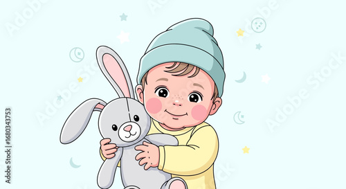 Adorable Baby Embracing a Stuffed Bunny in A Whimsical And Serene Setting