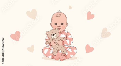 Adorable Baby Embraces Teddy Bear Amidst Heart-Shaped Decorations in Soft Warm Colors
