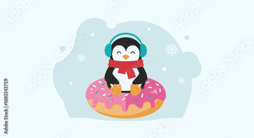 Adorable Penguin Enjoying a Big Donut While Wearing Winter Gear Cartoon Illustration