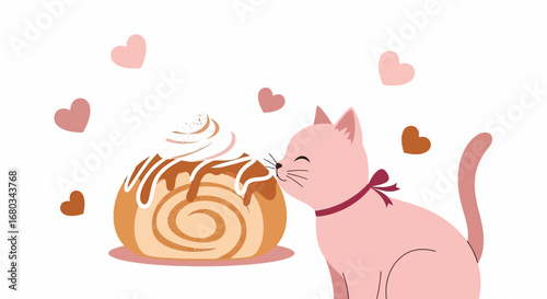 Adorable pink cat embracing a cinnamon roll with hearts, sweet and loving illustration