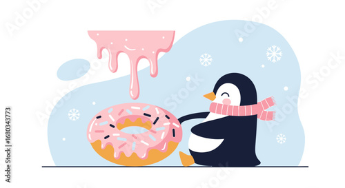 Adorable Penguin Delighted With Delicious Donut Dessert in Winter Wonderland Setting