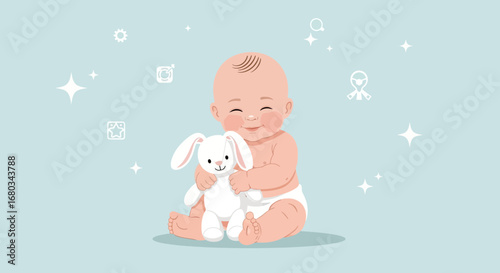 Adorable Baby Embracing Plush Toy: Illustration Of Childhood And Happiness