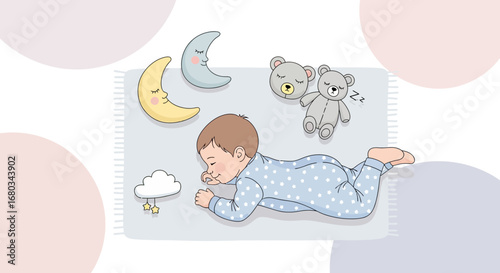 Adorable Sleepy Baby On The Bed, Dreamy Illustration Featuring Moon And Bears