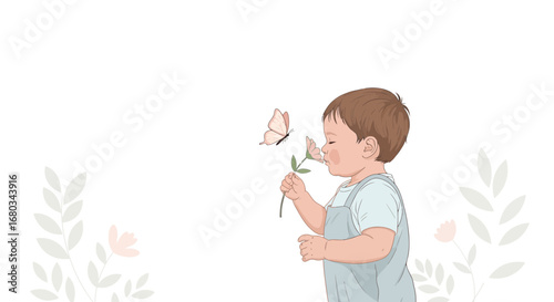 Adorable baby enjoying the scent of a flower with a butterfly flying nearby in an illustration