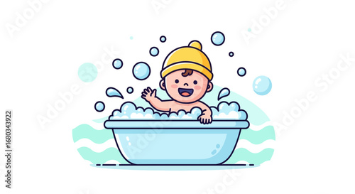 Adorable Baby Enjoys Playful Bubble Fun in Bathtub with Cheerful Expression