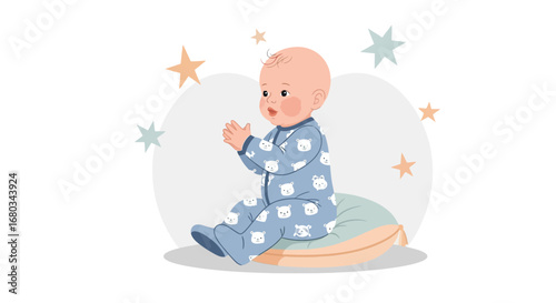 Adorable Baby Enjoys Playful Moment, Adorned With Whimsical Starry Decorations.