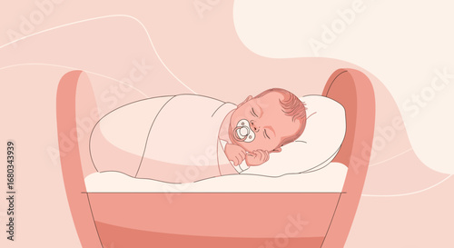 Adorable Sleeping Newborn Baby In Pastel Cradle With Soother, Sweet Dreams Concept